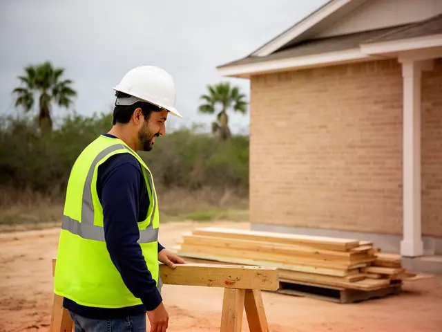 A builder in a hard hat and safety vest on a home construction site.