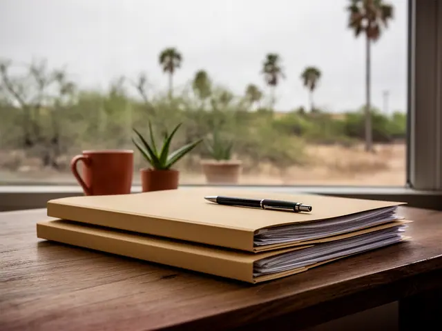 A neat stack of closed manila folders and a pen on a desk by a window.