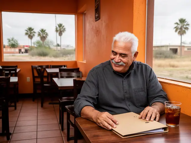 A restaurant owner seated with a folder in an empty dining room before opening.