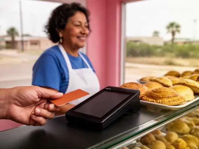 A customer taps a card on a counter terminal at a small panaderia.